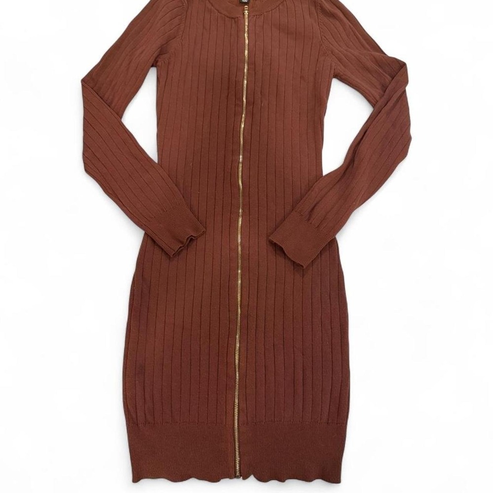 Hera Collection Brown Ribbed Knit Zip Front Long Sleeve Bodycon Mini Dress Small